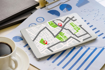 Poster - GPS Map to Route Destination network connection Location Street Map with GPS Icons  Navigation