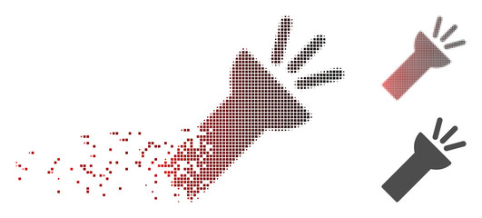 Fototapete - Vector electric torch light icon in dispersed, dotted halftone with red to black horizontal gradient and undamaged whole versions. Disappearing effect involves square dots.