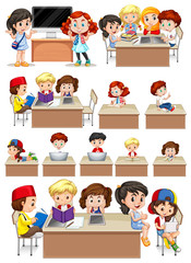Wall Mural - set of school students studying