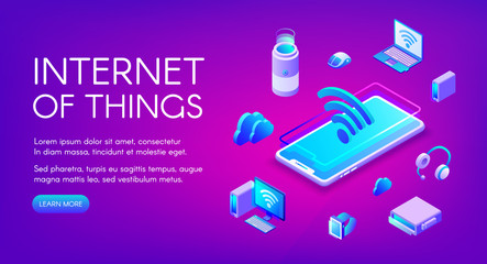 Fototapete - Internet of things vector illustration of smart devices communication in Wi-Fi wireless network technology. IOT in smartphone, digital data cloud and computer laptop on ultra violet background