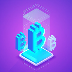 Fototapete - Bitcon cryptocurrency vector illustration of blockchain or bit coin mining farm. Digital crypto currency tehcnology concept on purple ultraviolet background