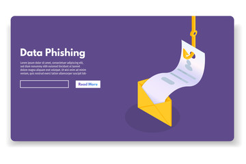 Data phishing isometric, hacking online scam. Fishing by email, envelope and fishing hook. Cyber thief. Vector illustration.