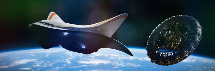 Wall Mural - spaceship departure from space station, traffic in outer space planet earth