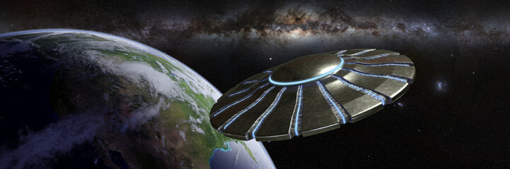 Wall Mural - ufo, alien spaceship in earth orbit, flying saucer in outer space