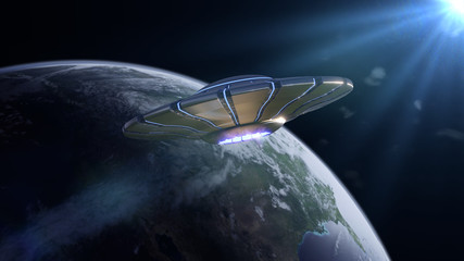 Wall Mural - ufo, alien spaceship in orbit of planet earth, visiting flying saucer