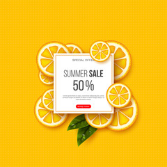 Wall Mural - Summer sale banner with sliced orange pieces, leaves and dotted pattern. Yellow background - template for seasonal discounts, vector illustration.