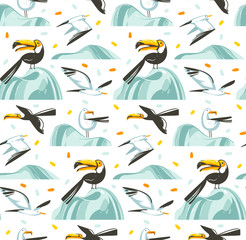 Sticker - Hand drawn vector abstract cartoon summer time graphic illustrations artistic seamless pattern with flying sea gulls and tropical toucan birds on beach isolated on white background