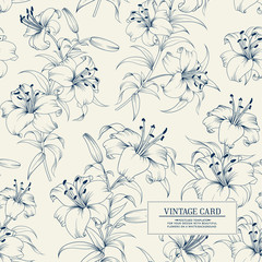 Lily flower seamless pattern with white lilies over white background. Floral background in vintage style.