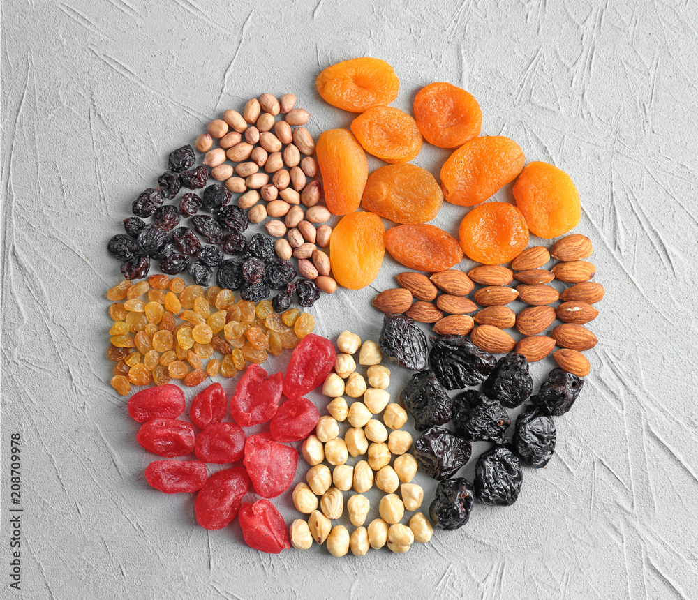Different kinds of nuts and dried fruits on table