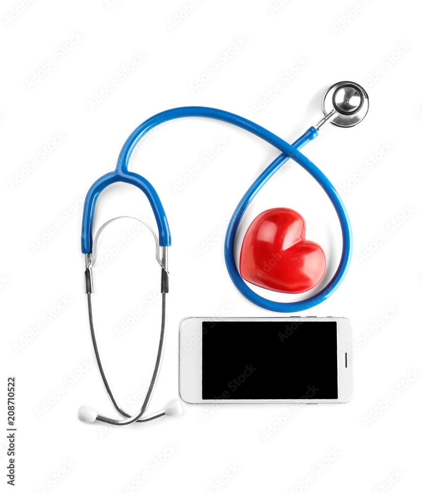 Stethoscope with small heart and phone on white background