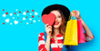 © Masson - smiling red-haired white european woman in hat and red striped shirt with heart shape toy and shopping bags on blue background with hearts