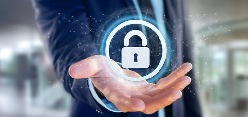 Poster - Man holding a padlock web security concept 3d rendering