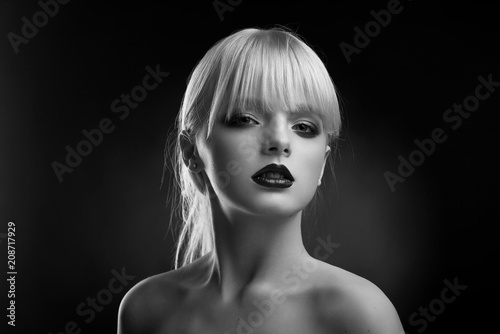 Horizontal Black And White Frontview Of Model Wearing Evening Make