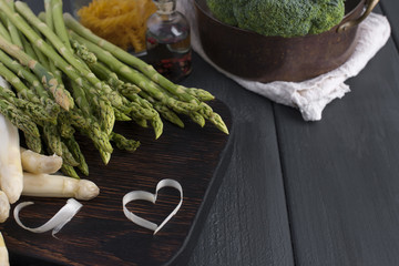 Green vegetables for cooking dinner. Broccoli, asparagus and dill. Healthy food . Vegetarianism.