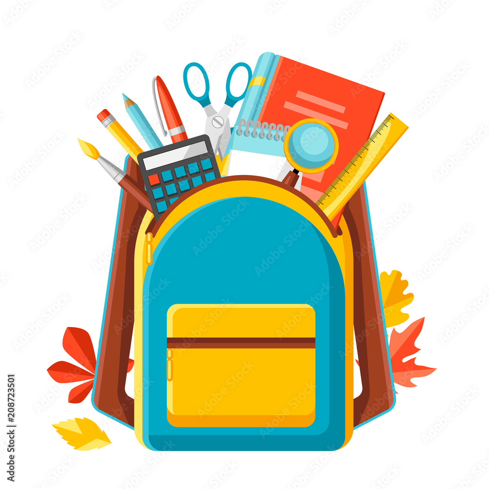 School backpack with education items. - obrazy, fototapety, plakaty 