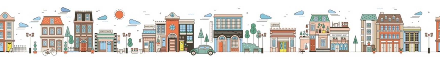 Fototapete - Seamless horizontal urban landscape with city street. Cityscape with beautiful buildings, residential houses, shops, park, driving car. Modern colorful vector illustration in line art style.