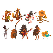 Funny Cartoon Wild Animal Characters Playing Various Musical Instruments Vector Illustrations On A White Background