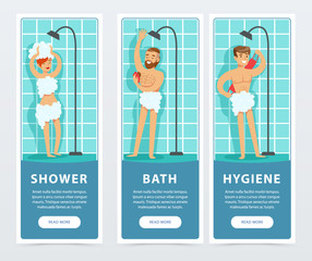 Sticker - People taking shower banners set, daily hygiene procedure flat vector ilustrations, element for website or mobile app