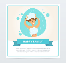 Sticker - Young woman washing her head with shampoo, daily routine hygiene procedure, happy family banner flat vector ilustration, element for website or mobile app