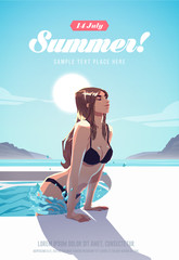 Girl relaxing in the swimming pool. Summer vacation poster or flyer