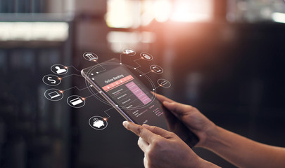 Poster - Male hand using online banking and icon. Technology Ecommerce Commercial. Online payment digital and shopping on network connection. All on tablet screen are designed up.