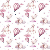 Watercolor unicorn, clouds, polka dots and hot air balloon seamless pattern. Hand painted fairytale texture on white background. Cartoon baby wallpaper design