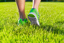 Sports Shoes Sneakers On A Fresh Green Grass Field. Sport Equipment Bottom View. Sports In The Open Air.