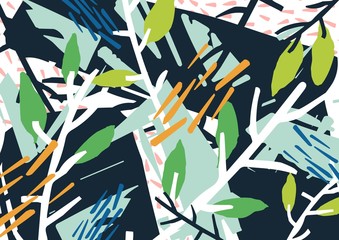 Poster - Horizontal abstract backdrop with forest thicket, tree branches, leaves, colorful blots and patches. Modern vivid colored stylish background. Creative vector illustration in contemporary art style.
