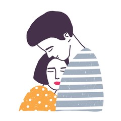 Wall Mural - Hugging boyfriend and girlfriend isolated on white background. Man embracing woman. Cute young romantic couple in love cuddling. Hand drawn colorful vector illustration in flat cartoon style.