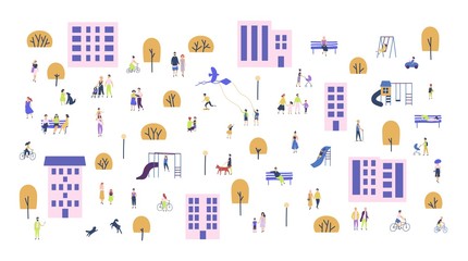 Crowd of tiny people walking with children or dogs, riding bicycles, sitting on bench in city suburbs. Cartoon men and women performing outdoor activities on suburban street. Vector illustration