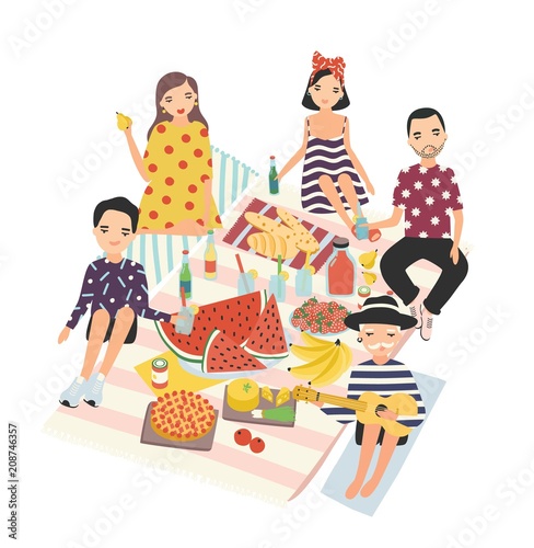 Happy People Or Group Of Friends Having Dinner Outdoor Isolated On White Background Smiling Men And Women Eating Meals Drinking Playing Guitar During Picnic Flat Cartoon Vector Illustration Buy This Stock