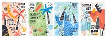 Collection Of Invitation Or Poster Templates Decorated With Tropical Palm Trees, Paint Stains, Blots And Scribble For Summer Open Air Dance Party. Vector Illustration For Summertime Event Promotion.
