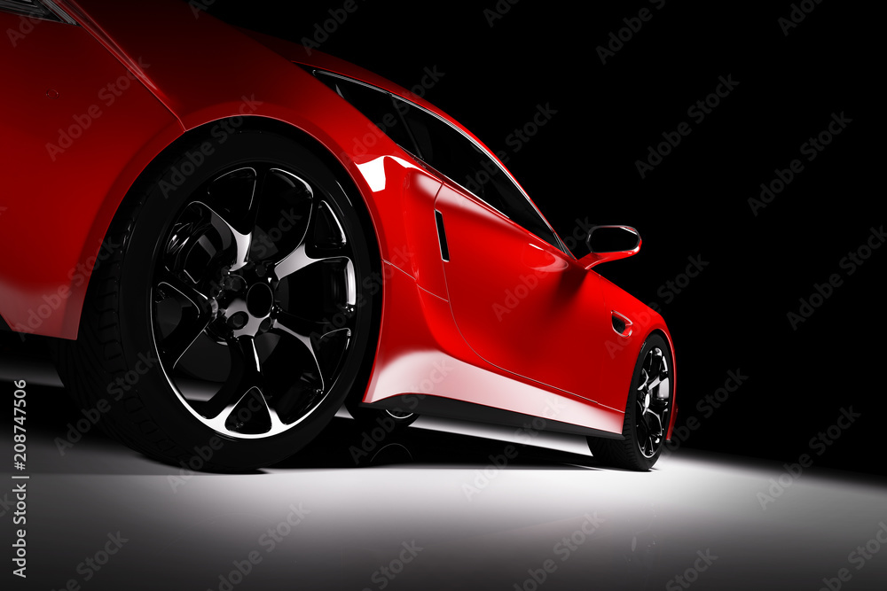 Modern red sports car in a spotlight on a black background. - obrazy, fototapety, plakaty 