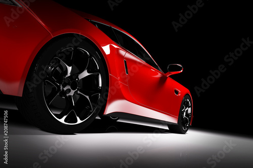 Obraz samochód  nowoczesny-czerwony-samochod-sportowy-w-centrum-uwagi-na-czarnym-tle