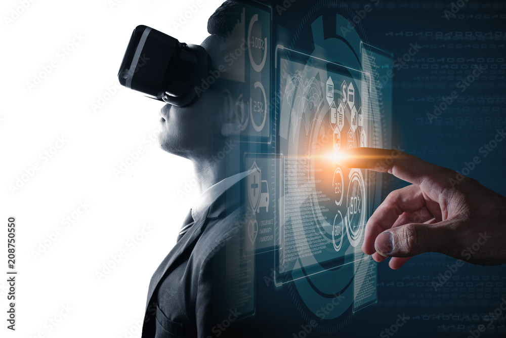 The double exposure image of the businessman wearing VR glasses overlay ...