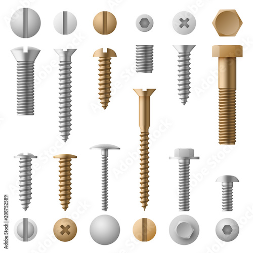 Fotografie, Obraz Stainless bolts screws, nuts, fasteners and rivets vector illustration isolated