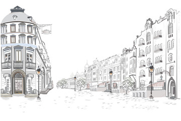 Series of street views in the old city. Hand drawn vector architectural background with historic buildings.