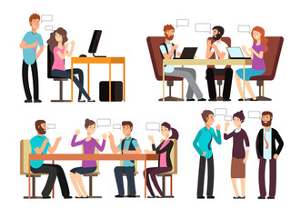 Poster - Businessman and woman have conversation in different business situations in office. People meeting vector characters set