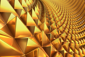 3d rendering close-up shot with of concept design of golden shiny metal pyramid pattern with a depth of field.