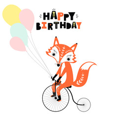 Wall Mural - Cute fox by bicycle. Birthday greeting cards. Vector illustration