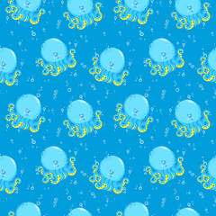 Undersea world. Bright and colorful seamless pattern of sea fauna. Childish cartoon ocean creatures. Cute smiling blue octopus.  