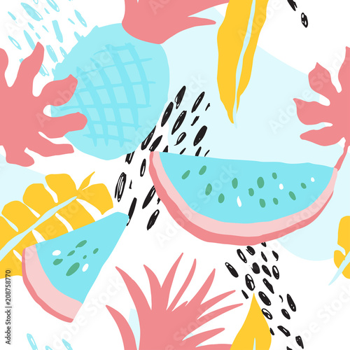 Stoffe zum Nähen Minimale Sommer trendige Vektor Fliesen nahtloses Muster im skandinavischen Stil. Wassermelone, Ananas, Palme Blätter, abstrakte Elemente. Textile Gewebe Bademode Grafikdesign für Pring.