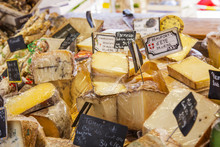 Aix-en-Provence, FRANCE, On March 6, 2018. Various Farmer French Cheeses Are Laid Out On Counters