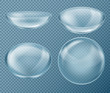Vector set with blue contact lenses for eye care, isolated on transparent background. Medical equipment used in ophthalmology to correct vision. Personal accessory to wear on eyes, soft and breathable