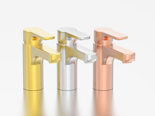 Wall Mural - 3D illustration three yellow and rose gold and silver faucets