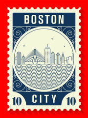 Wall Mural - Boston City Line Style Postage Stamp Design