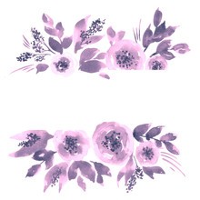 Watercolor Loose Peony Flowers In Purple. Hand Painted Floral Template