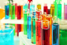 Many Test Tubes With Colorful Liquids, Closeup