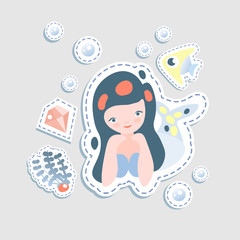  Cute little mairmaid - vector cartoon illustration. Fairy mermaids princess with underwater elements - coralls and bottle. Sticker cute mermaid character