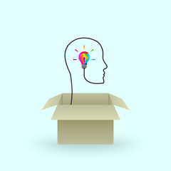 Poster - Thinking out of the box concept with colorful lightbulb emerging out of cardboard box. Wire forming head shape silhouette.